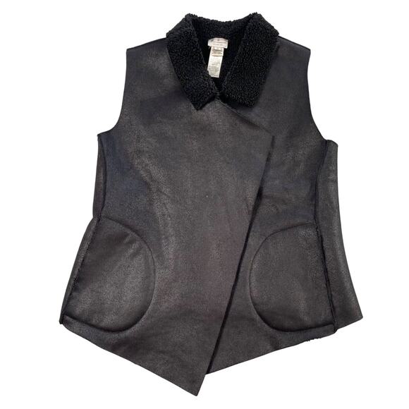 French Connection Vest Womens XS Black Metallic Sheen Sherpa Lined Open Front - Picture 1 of 11